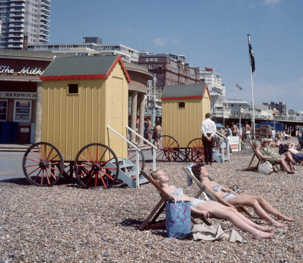 Detail of Old style bathing huts on the sea front at Brighton by Library