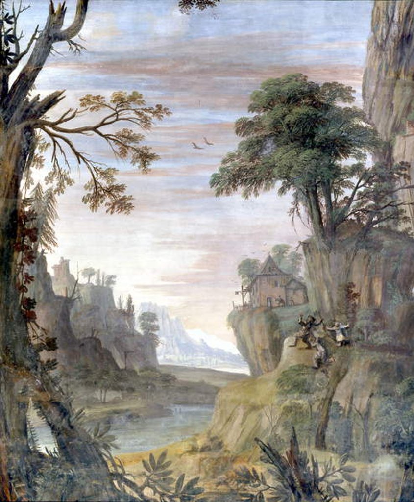 Detail of River and landscape, detail by Giovanni Ghisolfi