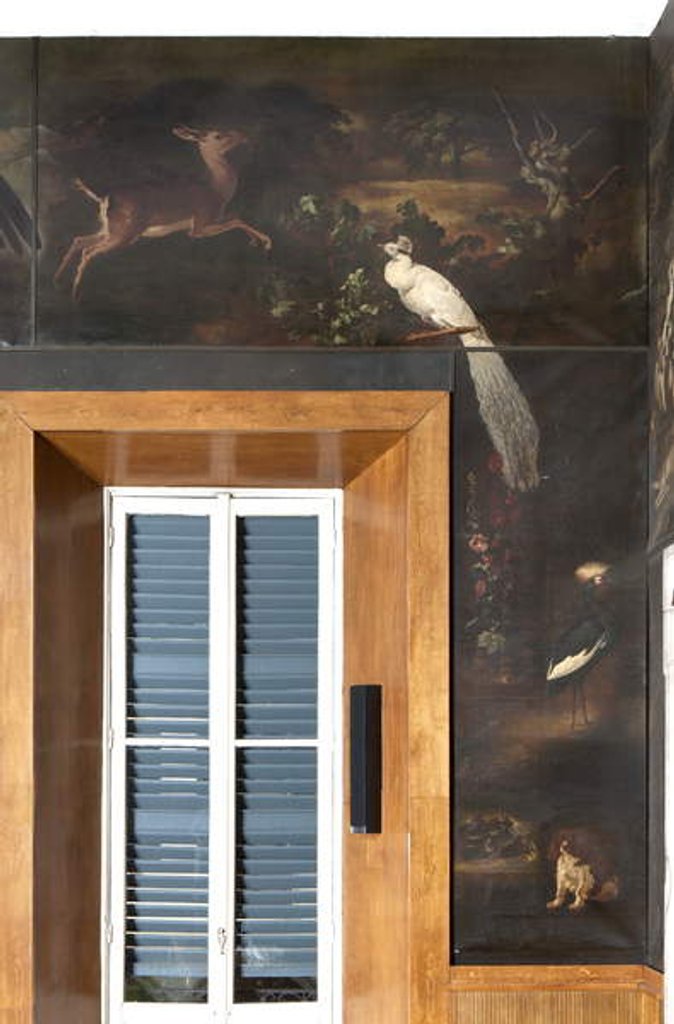 Detail of White peacock, roe deer and grey crowned crane, Myth of Orpheus by Italian School
