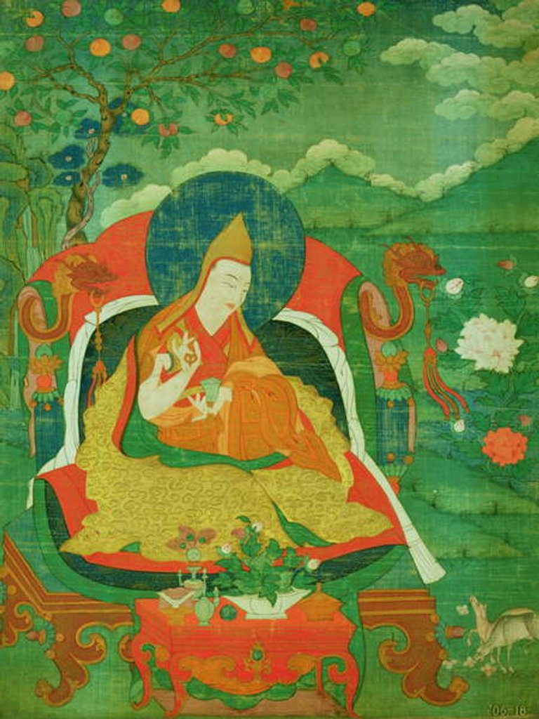 Detail of Thangka painting showing a Father of the Yellow Hat sect of Lamaism, Gelupga Lama, c.1700-1825 by School Tibetan