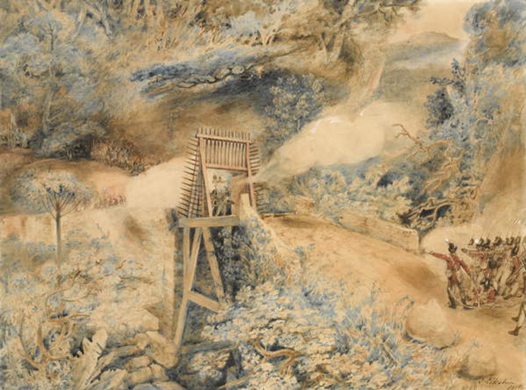 Detail of The 3rd West India Regiment fire on French troops at a bridge head, on the Ile de Cabret or Terre d'en Haut, April 1809, 1810 by John Eckstein