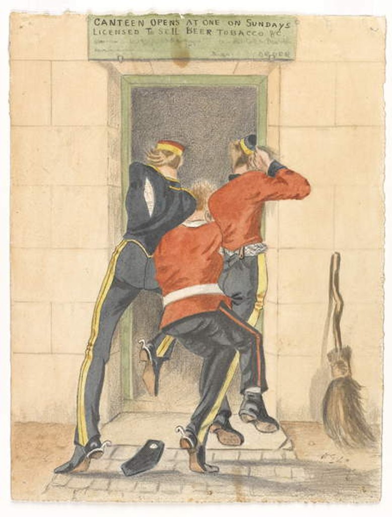 Detail of A hussar, an infantryman and a dragoon, all in undress uniform, scrambling for the entrance of a canteen, c.1890 by English School