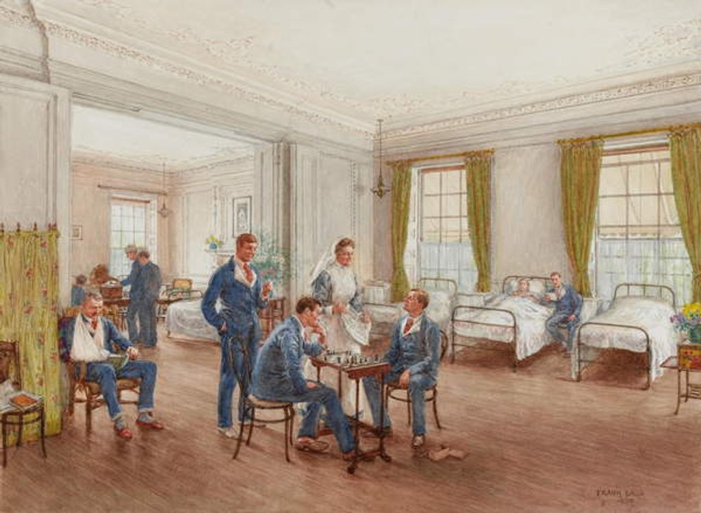 Detail of Convalescing soldiers playing chess in a ward at Sulhampstead House Hospital, Berkshire, c.1918 by Frank Dadd