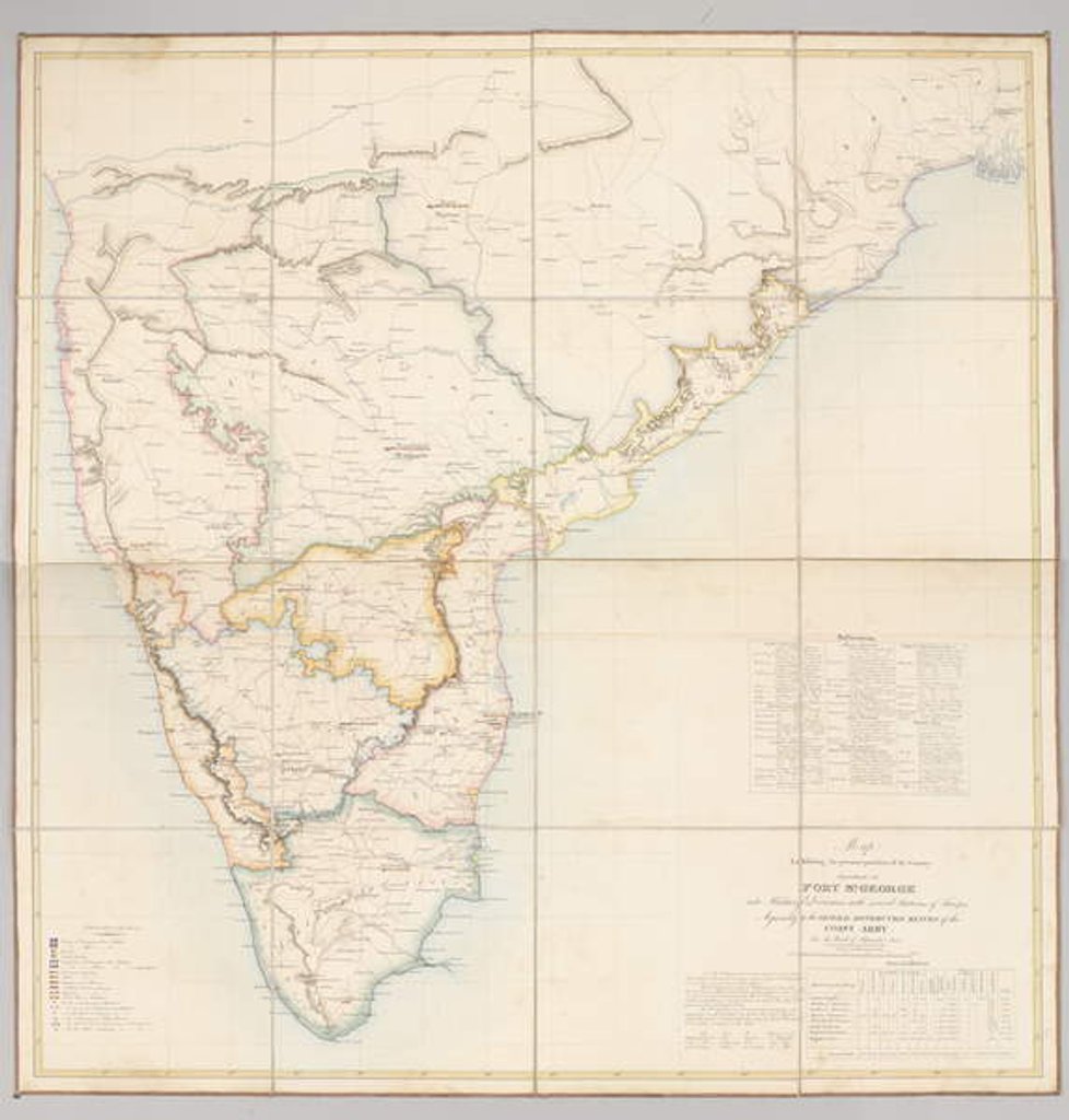 Detail of Map exhibiting the present partition of the country dependent on Fort St. George into military divisions with several stations of troops, 1843 by English School