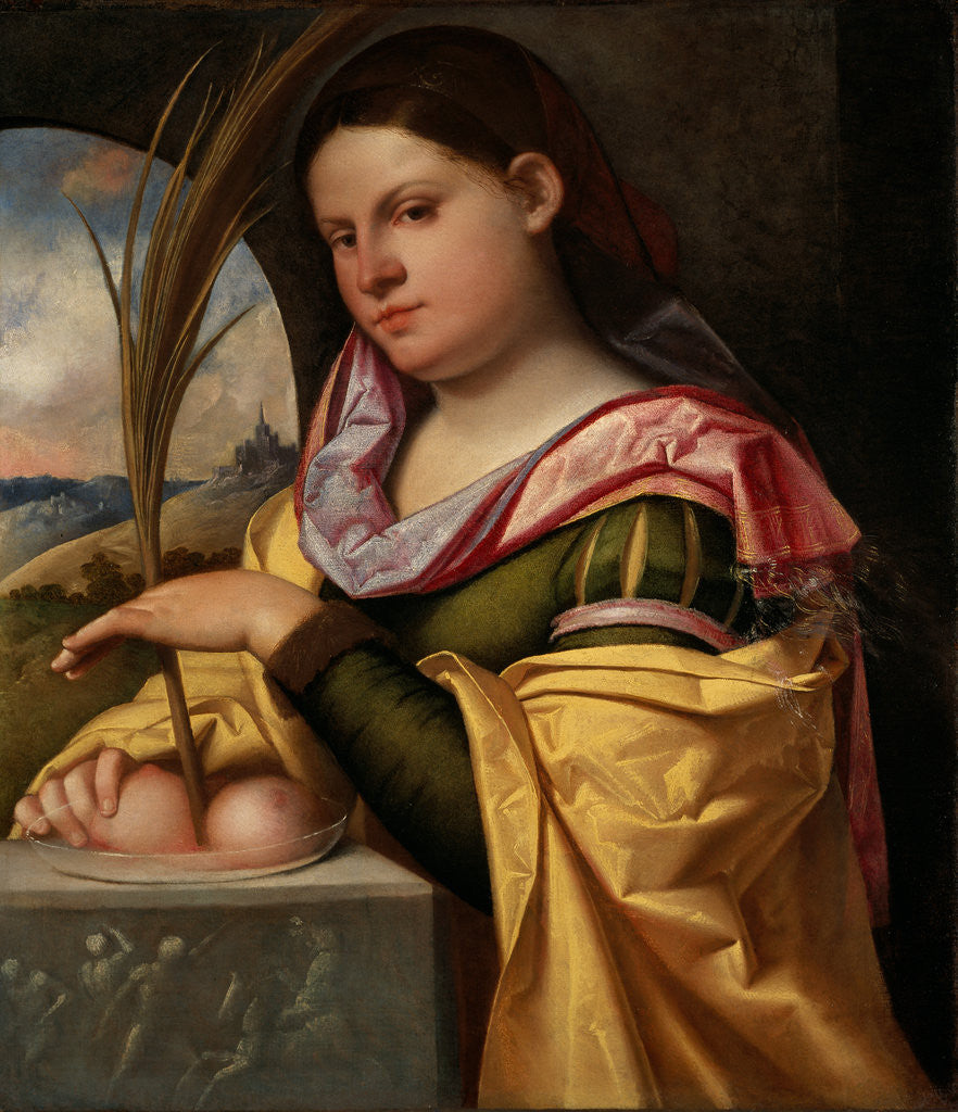 Detail of Portrait of a Young Woman as Saint Agatha by Giovanni Busi Cariani