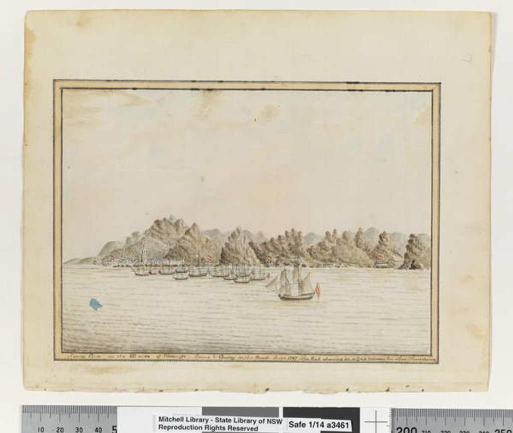 Detail of Opp. p. 19. 'Santa Cruz on the SE side of Teneriffe; Sirius & Convoy in the Roads. June 1787. The Peak Shewing in a Gap betweeen two other Mountains', c.1802 by William Bradley