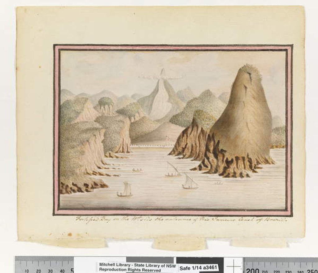 Detail of Opp. p. 38. 'Fortified Bay on the Wt side the entrance of Rio Janeiro Coast of Brazil', c.1802 by William Bradley