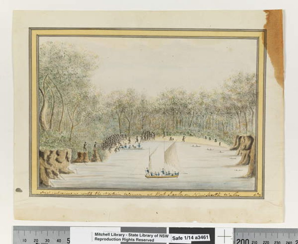 Detail of Opp. p. 70. 'First interview with the Native Women at Port Jackson New South Wales', c.1802 by William Bradley