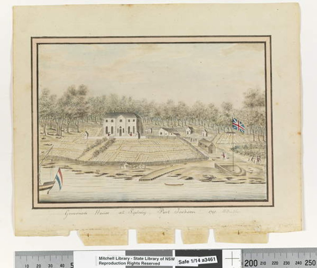 Detail of Opp. p. 225. 'Governor's House at Sydney, Port Jackson 1791', c.1802 by William Bradley