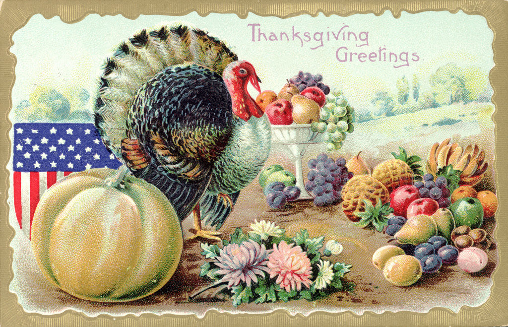 Detail of Thanksgiving Greetings Postcard with a Turkey and Fruit by Anonymous