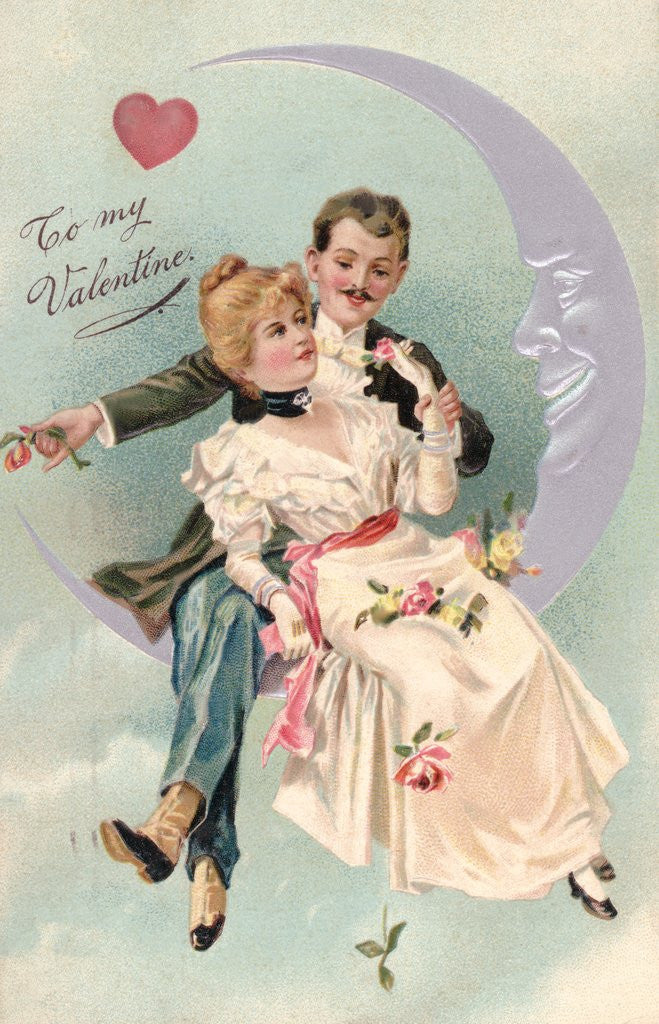 Detail of To My Valentine Postcard with Couple on Cresent Moon by Anonymous