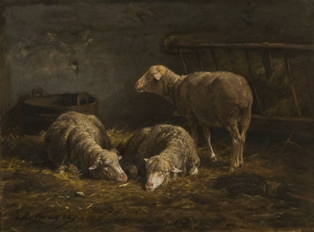 Detail of Three Sheep in a Barn by Charles Emile Jacques