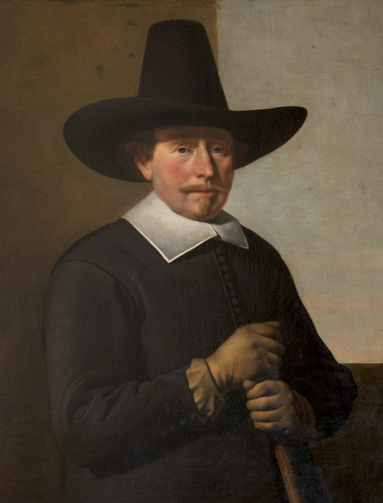 Detail of A man in black holding a staff by Thomas de Keyser