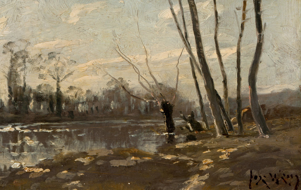 Detail of A wooded river landscape in winter by Josef Weiss