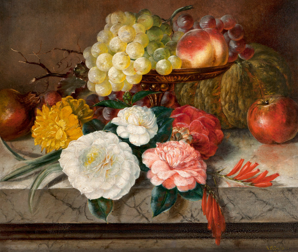Detail of Flowers and fruit on a marble ledge, 1830 by A. M. Gautier