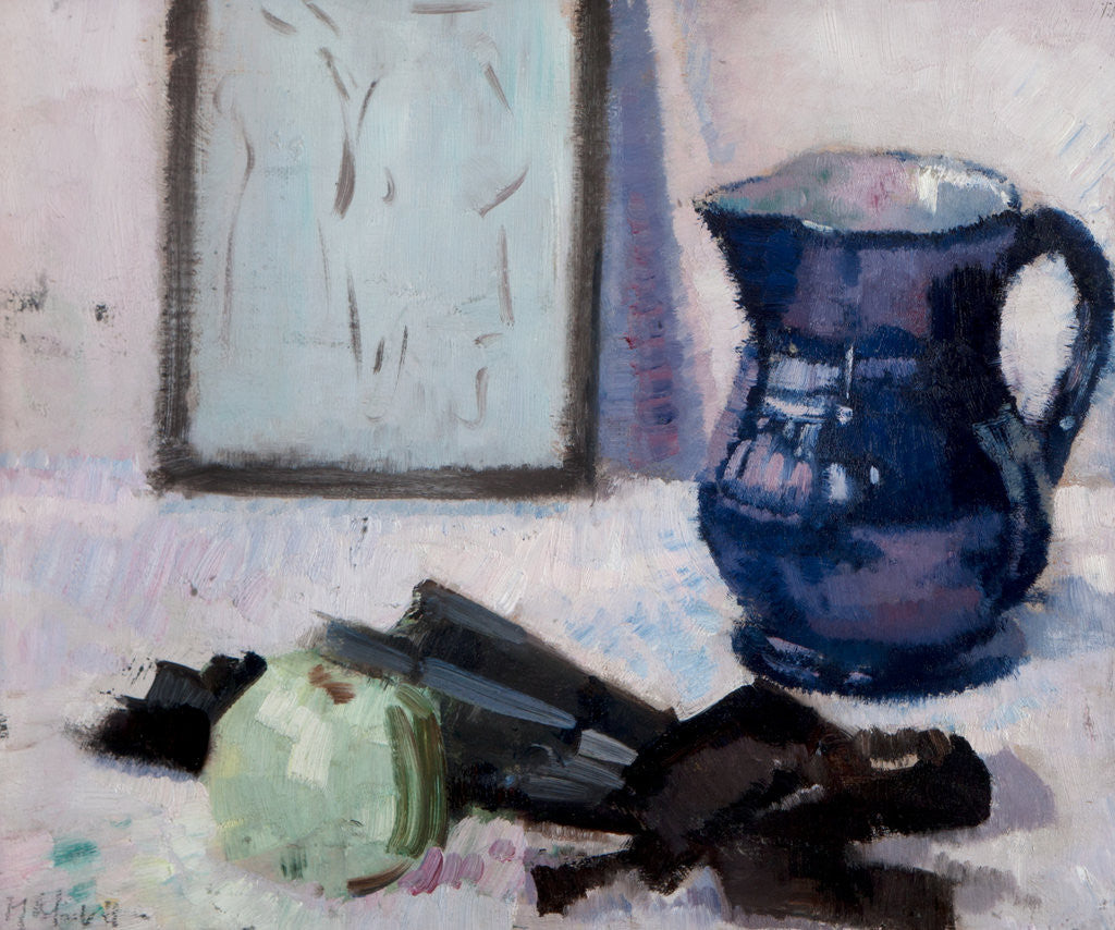 Detail of Still-life with blue jug, fan & apple by Francis Cadell