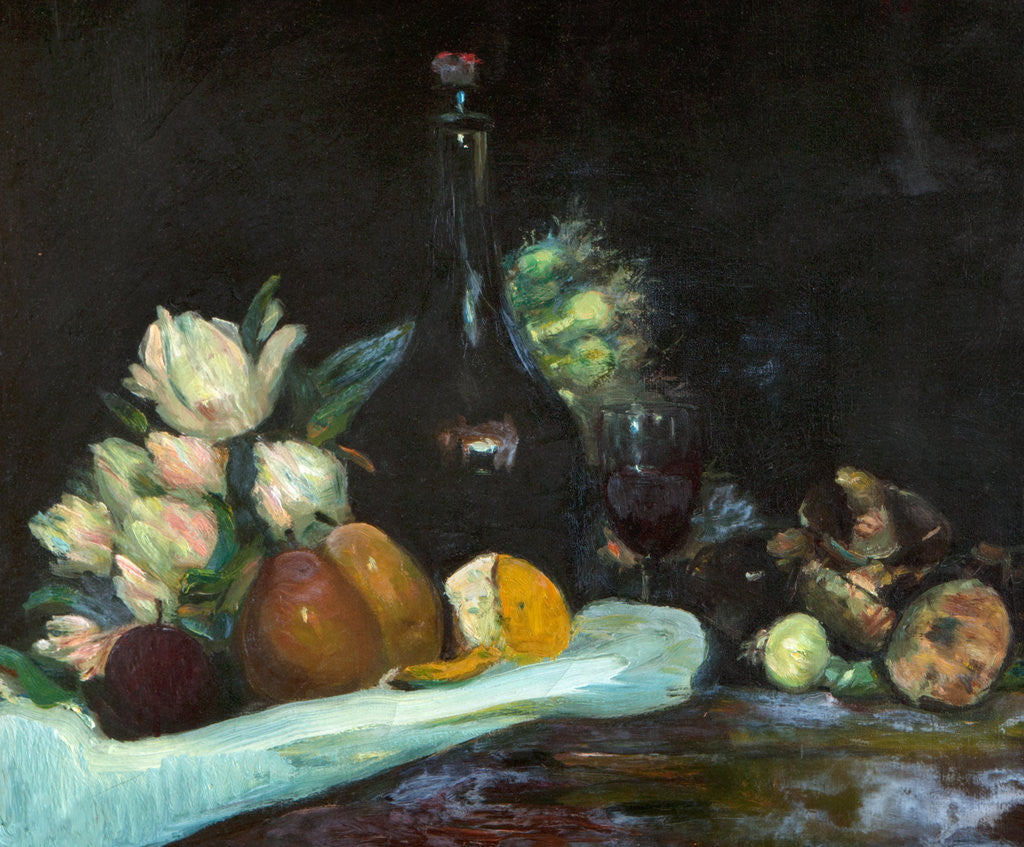Detail of Still-life with wine bottle, glass, fruit and flowers by George Leslie Hunter