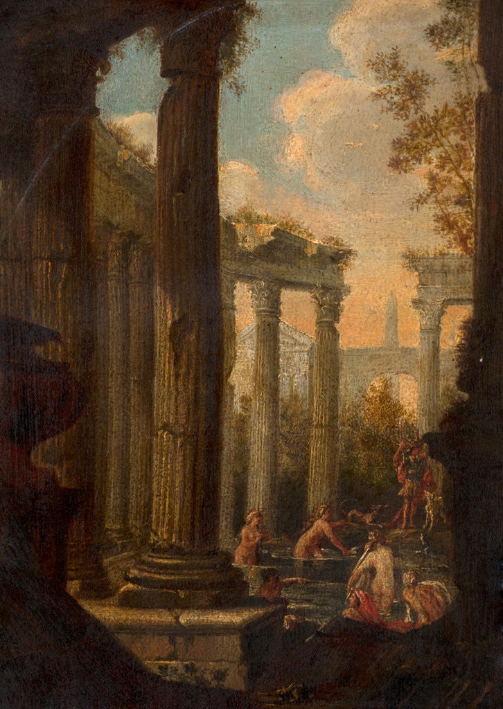 Detail of A classical Capriccio, women bathing amongest classical ruins by Charles Louis Clerisseau