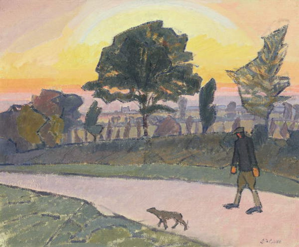 Detail of Sunset, Letchworth, with Man and Dog, 1912 by Spencer Frederick Gore