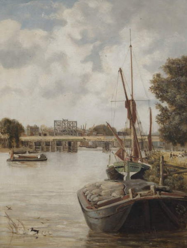 Detail of The present Hammersmith Bridge under construction showing the temporary bridge, 1886 by Archibald Webb