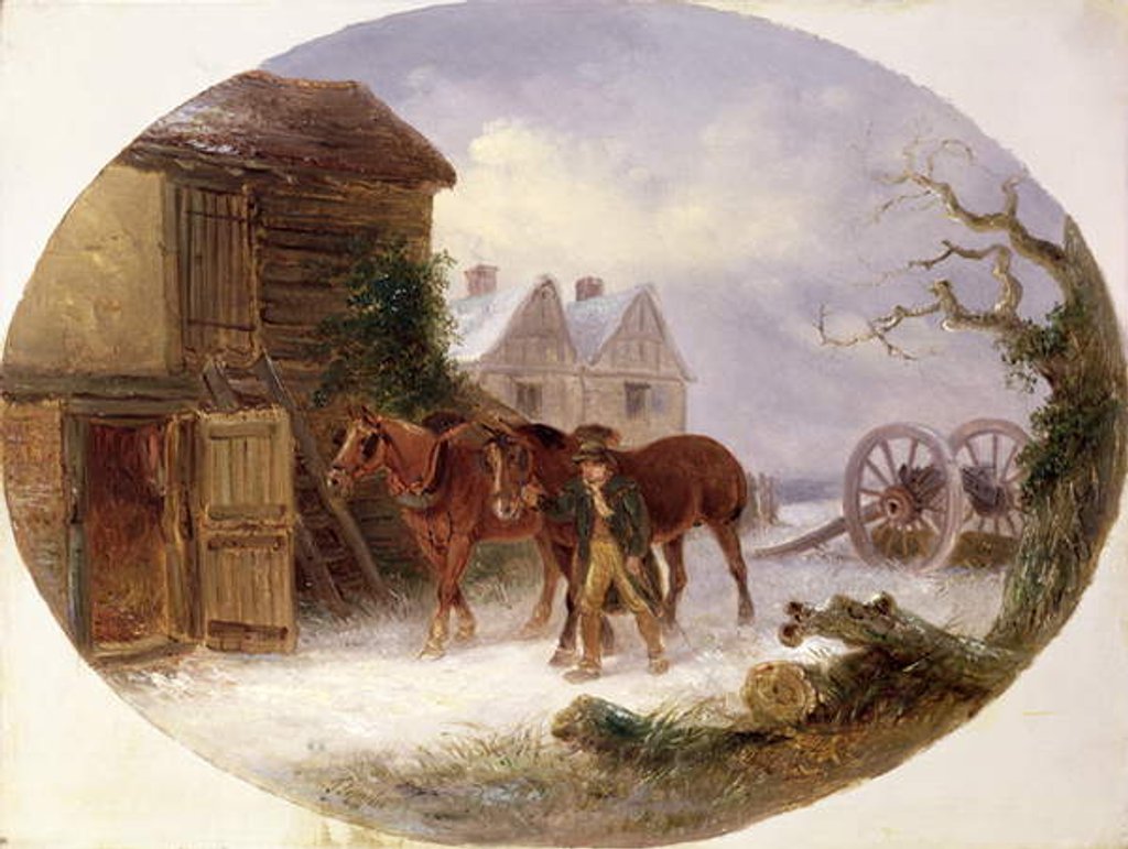 Detail of Boy leading horses to a barn in the snow by Thomas Smythe