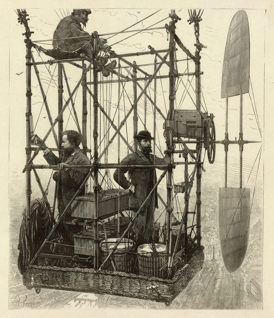 Detail of Albert Tissandier, Gaston Tissandier, and an unidentified man in the basket of their airship by P. Ferat