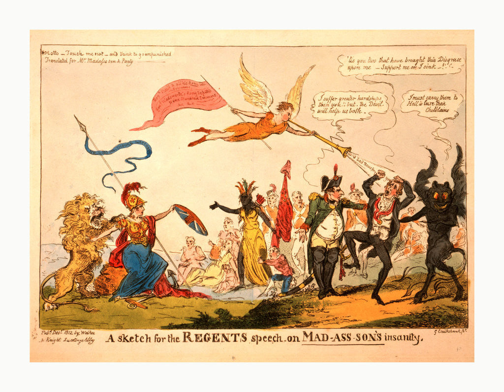 Detail of A sketch for the regents speech on Mad-ass-son's insanity by George Cruikshank