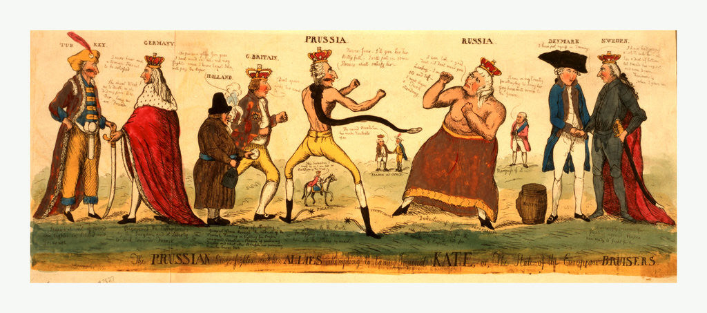 Detail of The Prussian prize-fighter and his allies attempting to tame imperial Kate, or, the state of the European bursiers by Anonymous