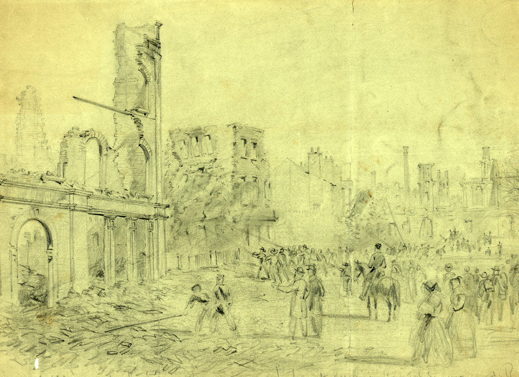 Detail of Richmond Firemen pushing down the remains of the burnt dwellings Capital Square by Anonymous