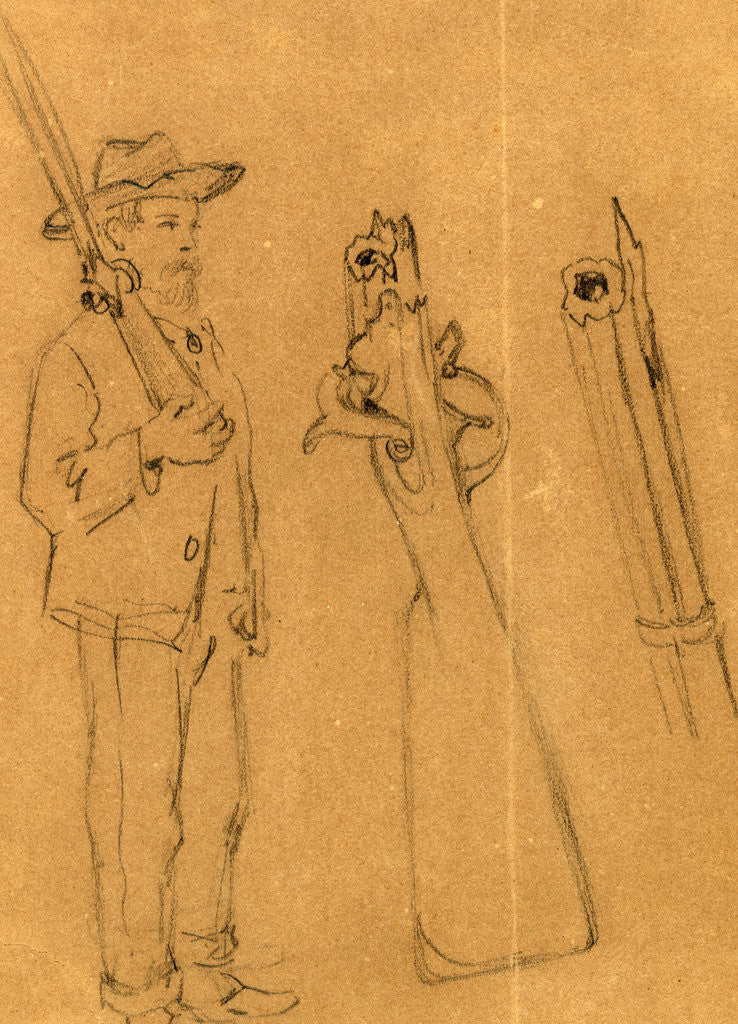 Detail of Full-length portrait of soldier with rifle and details of the weapon by Anonymous