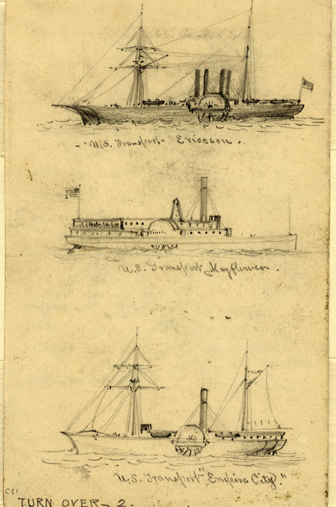 Detail of Broadside views of three sidewheel steamships: U.S. Transport Ericcson, U.S. Transport Mayflower, and U.S. Transport Empire City by Alfred R Waud