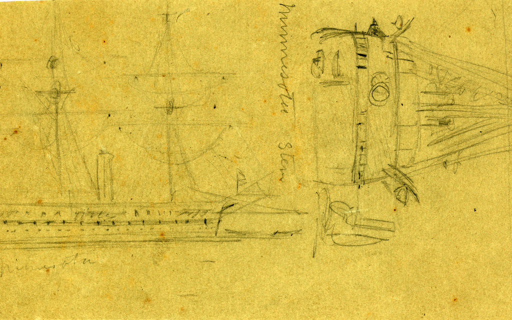 Detail of Broadside and stern views of steamship Minnesota by Alfred R Waud