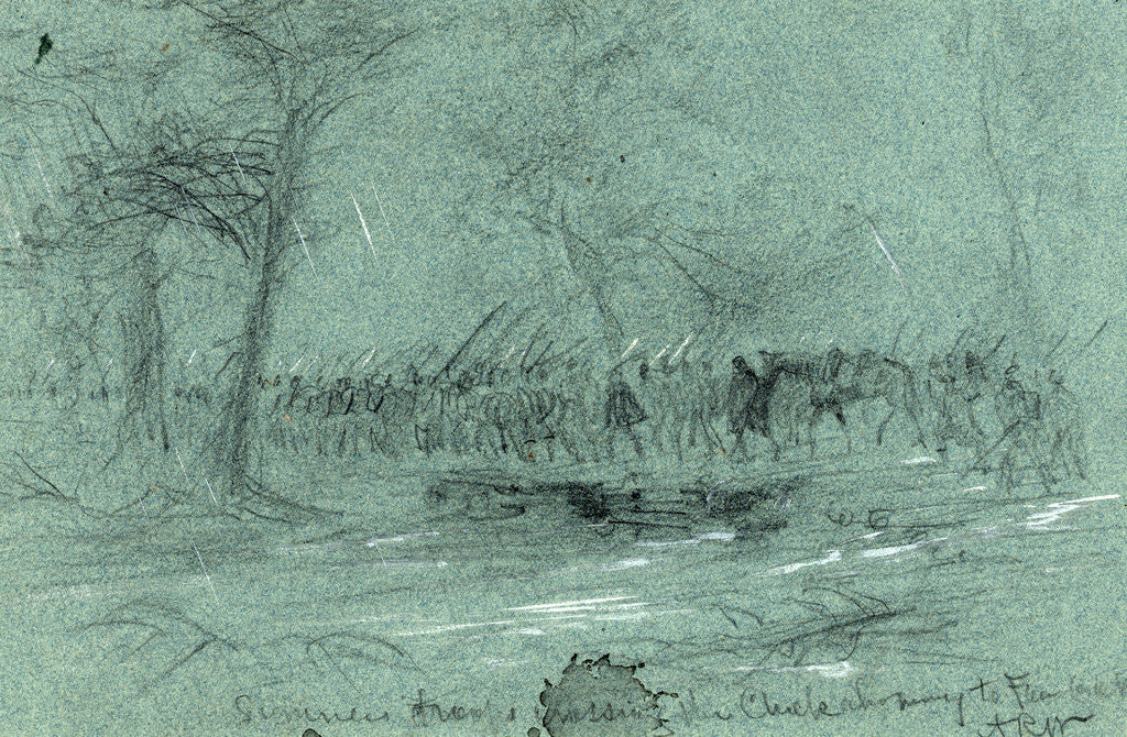 Detail of Sumners troops crossing the Chickahominy to Fair Oaks, 1862 May 31 by Alfred R Waud