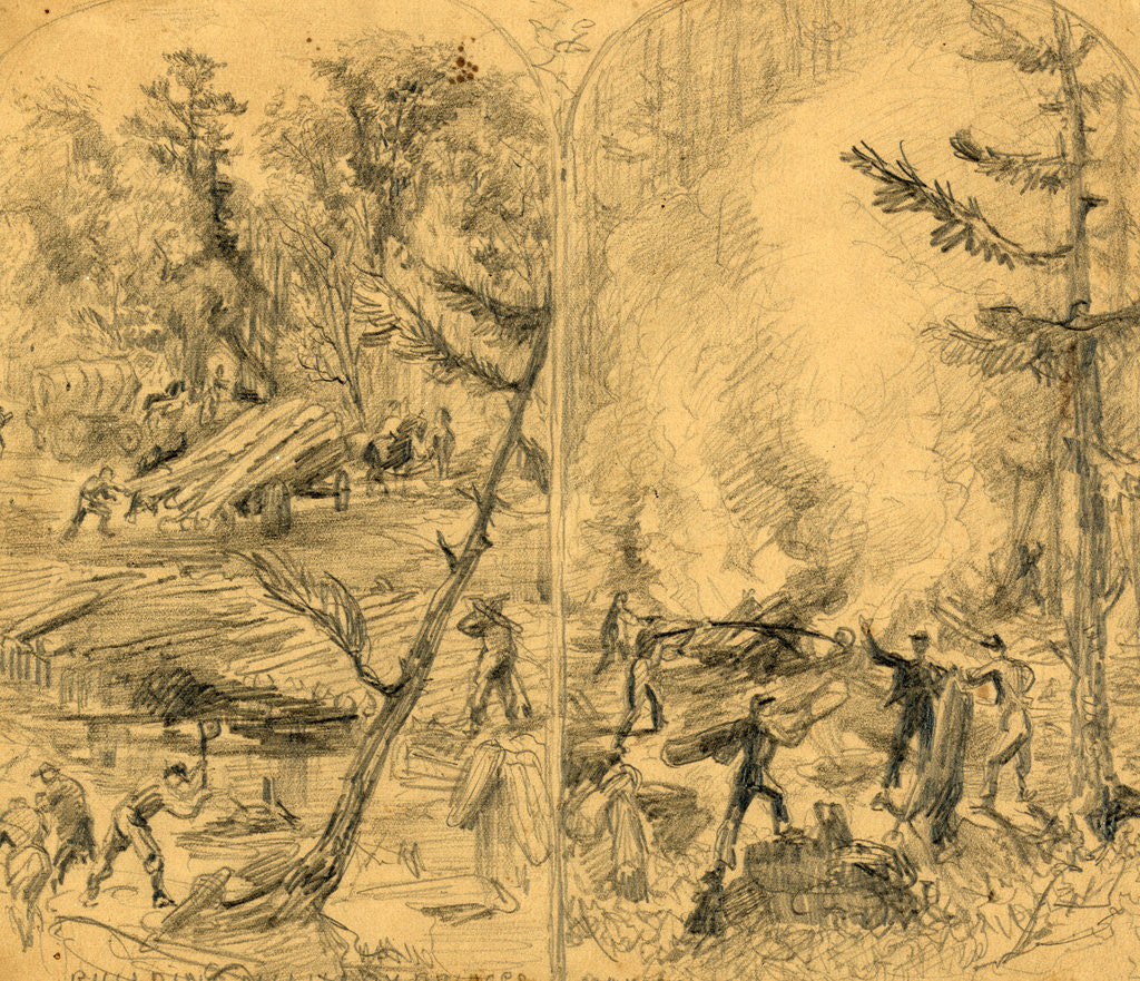 Detail of Building military bridges. Making charcoal for the army force by Alfred R Waud