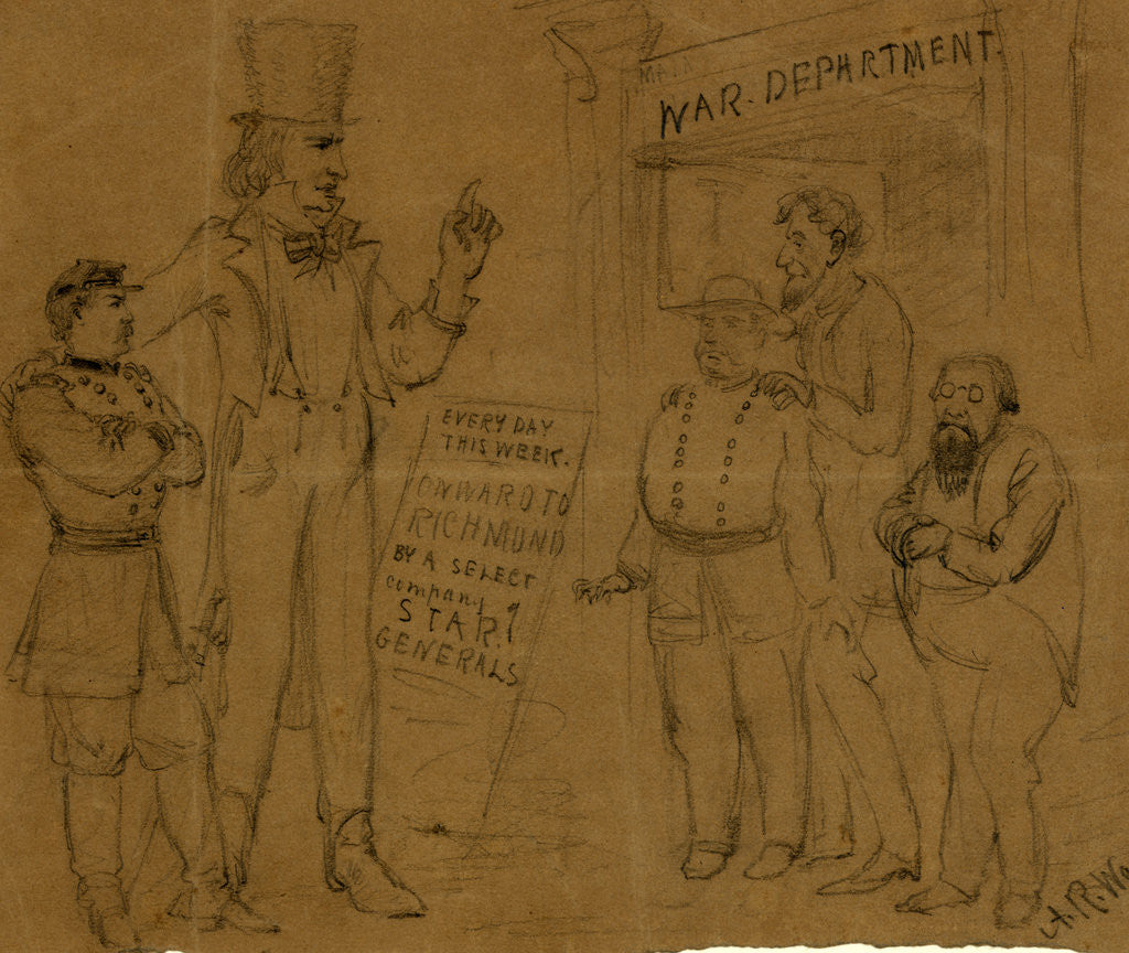 Detail of Cartoon showing Uncle Sam and General McClellan standing before a playbill by Alfred R Waud