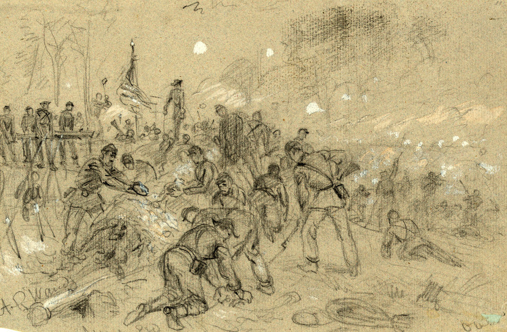 Detail of On Hancocks front the soldiers having no picks and shovels used bayonets, tin pans, old canteens, and even their hands in throwing up breastworks ARW, 1864 June, 1862-1865 by Alfred R Waud