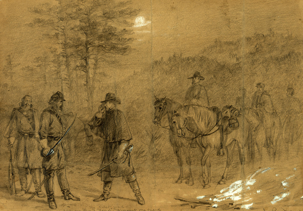 Detail of The picket guard. Who goes there Friends, Dismount one friend, advance and give the countersign, 1863 January by Alfred R Waud