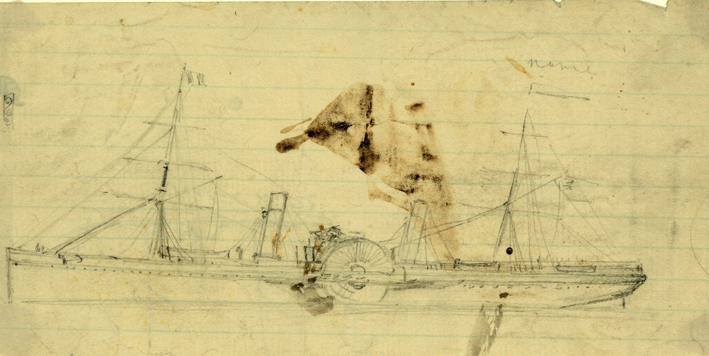 Detail of Steamship with sidewheel and two masts by Alfred R Waud