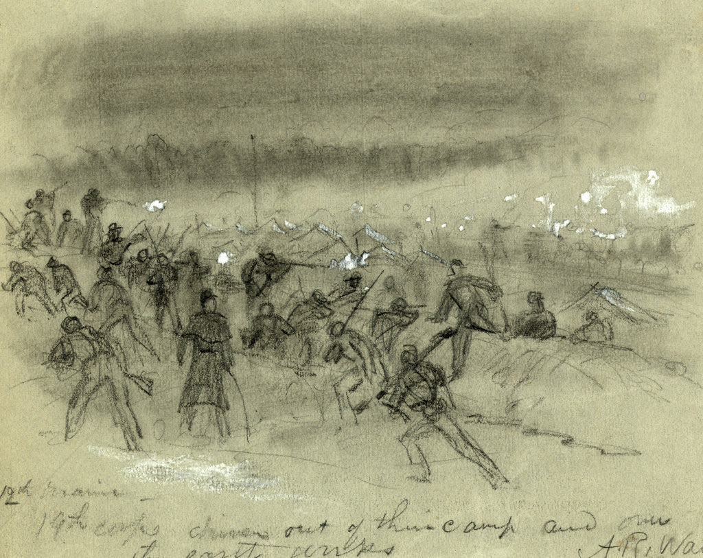 Detail of 12th Maine, 19th corps driven out of their camp and over the earth works by Alfred R Waud