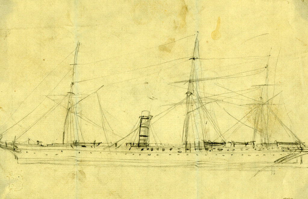 Detail of Steamship with three masts by Alfred R Waud