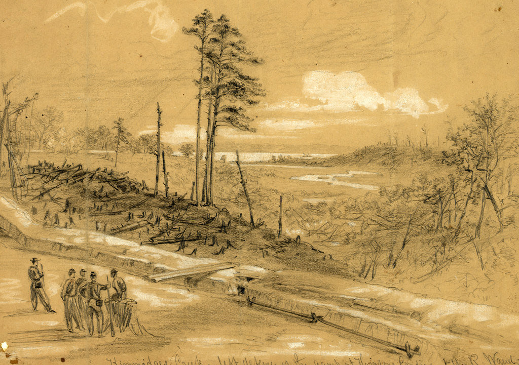 Detail of Kimmidges Creek, left defence of the camp at Harrisons Landing, 1862 July-August by Alfred R Waud