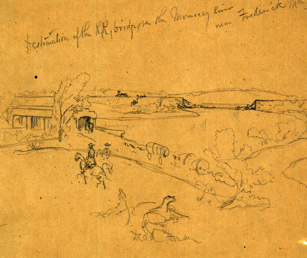 Detail of Destruction of the R.R. bridge, over the Monocacy River near Frederick, Md, 1864 July 9 by Alfred R Waud