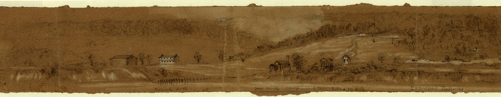 Detail of Ruined dock Saw mill Camp behind trees Battery on hill. Evansport Batteries by Alfred R Waud