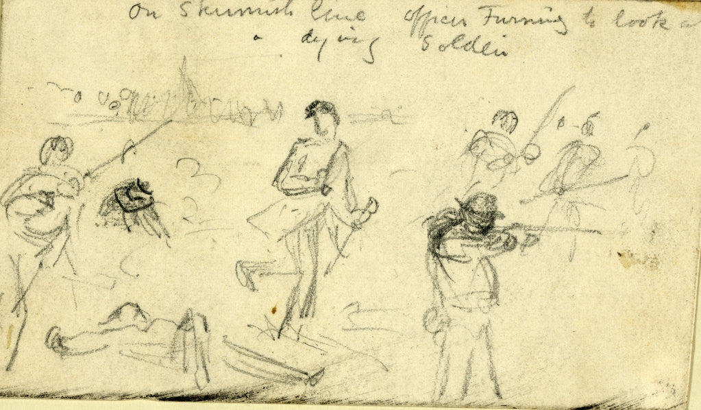 Detail of On skirmish line Officer turning to look at a dying soldier by Alfred R Waud