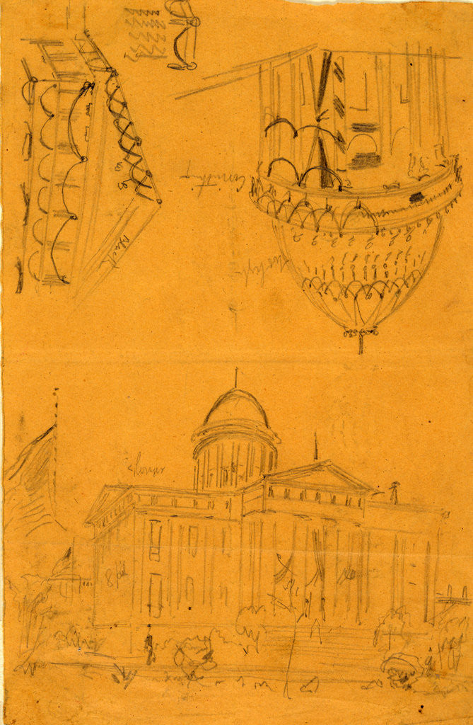 Detail of Illinois statehouse, Springfield, Ill, with details showing draped bunting on dome, 1865 May by Alfred R Waud