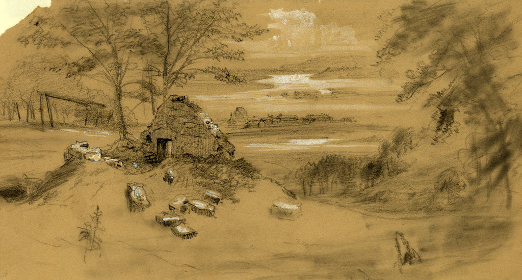 Detail of Ruined dwelling, town in distance by Alfred R Waud