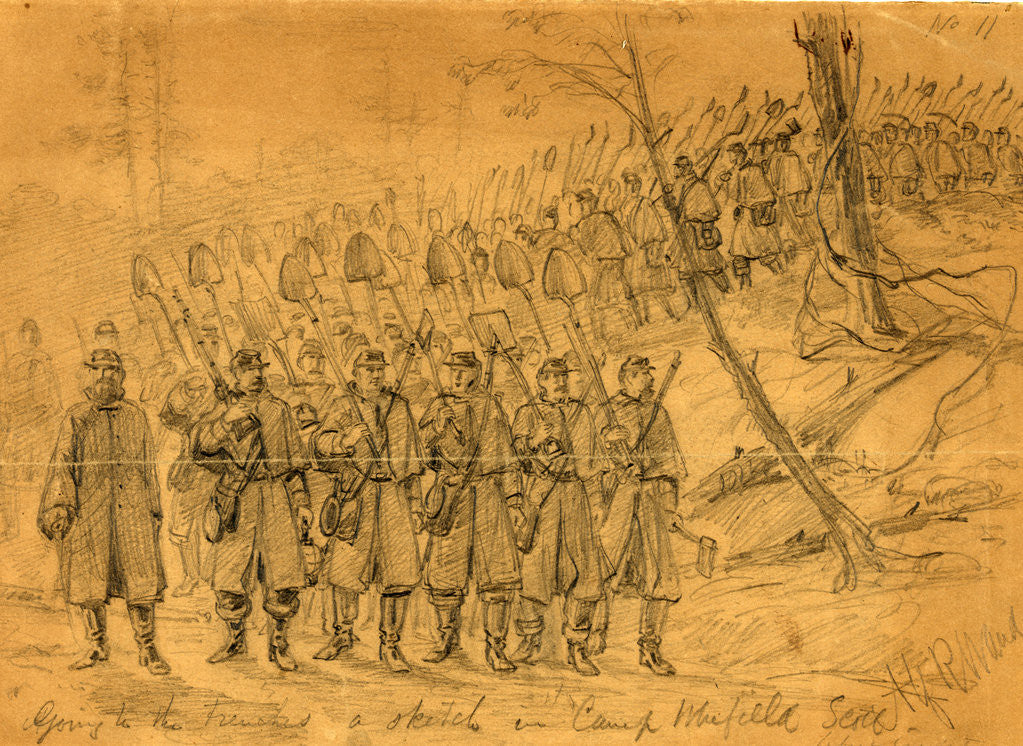 Detail of Going to the trenches, a sketch in Camp Winfield Scott. Before Yorktown, 1862 May by Alfred R Waud