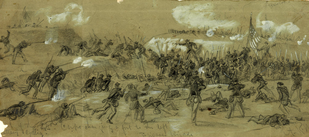 Detail of The 24th Corps charging a fort to the left, 1865 April by Alfred R Waud