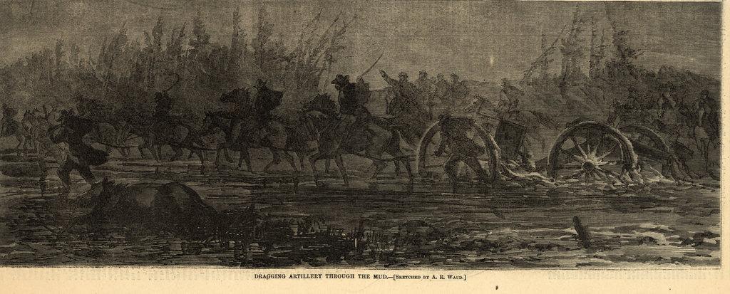 Detail of Dragging artillery through the mud, 1864 March by Alfred R Waud
