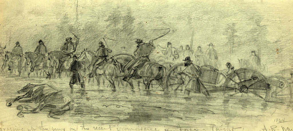 Detail of Dragging up the guns on the recent reconnoisance in force (night) 1864, 1864 ca. February by Alfred R Waud